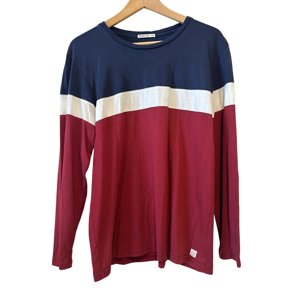 Marine Layer Long Sleeve Shirt Large Red Blue USA Rugby Cotton Modal Preppy